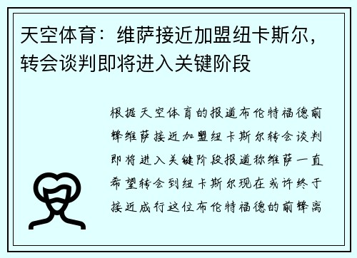 天空体育：维萨接近加盟纽卡斯尔，转会谈判即将进入关键阶段